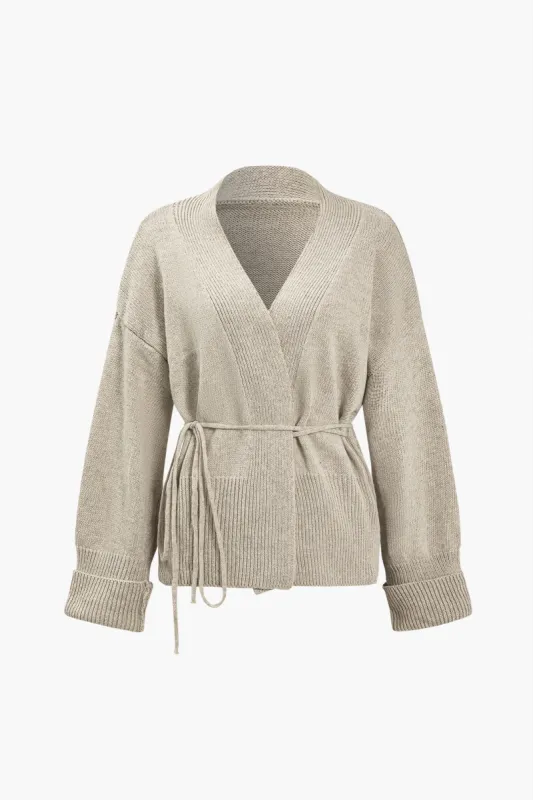 Solid sweater cardigan med bindebånd med V-hals sold by Micas