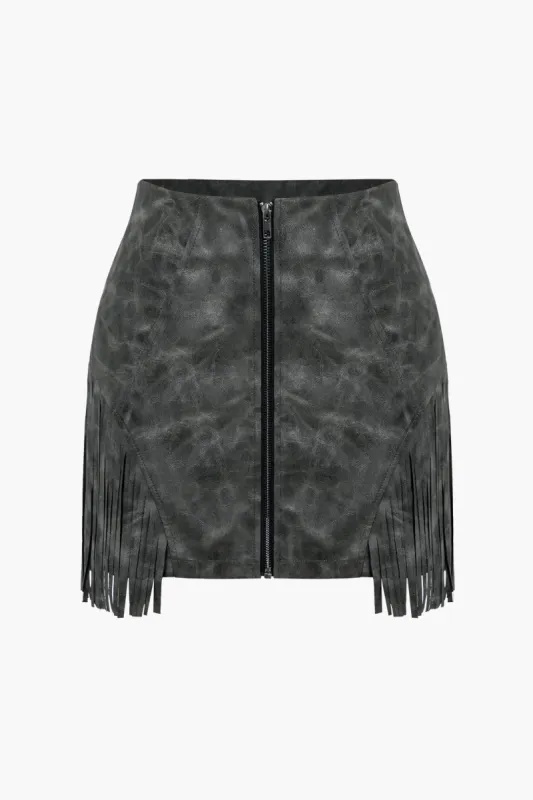 Faux Leather Fringe Zipper Skirt sold by Micas