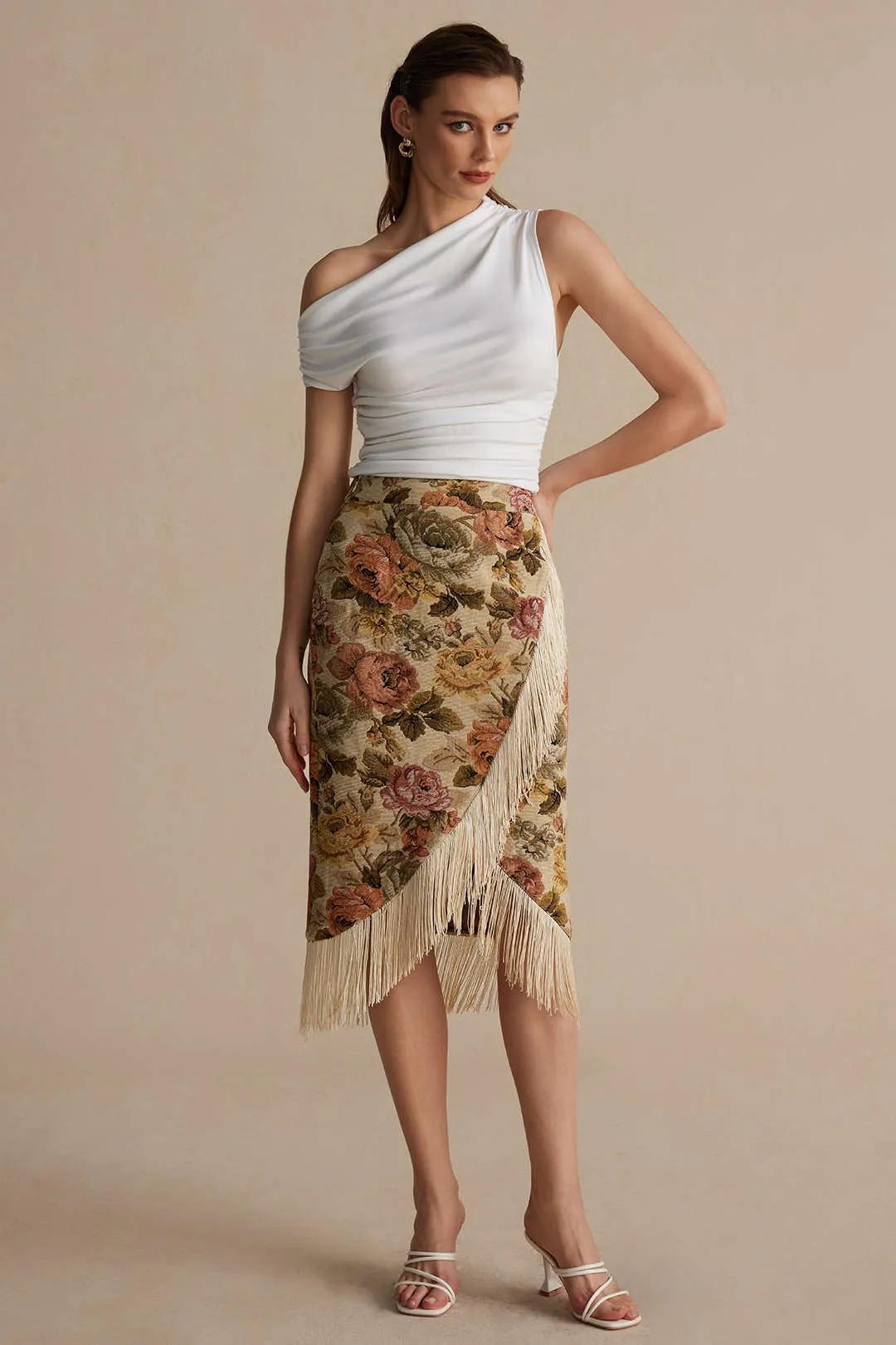 Floral Jacquard Fringe Asymmetrical Skirt sold by Micas