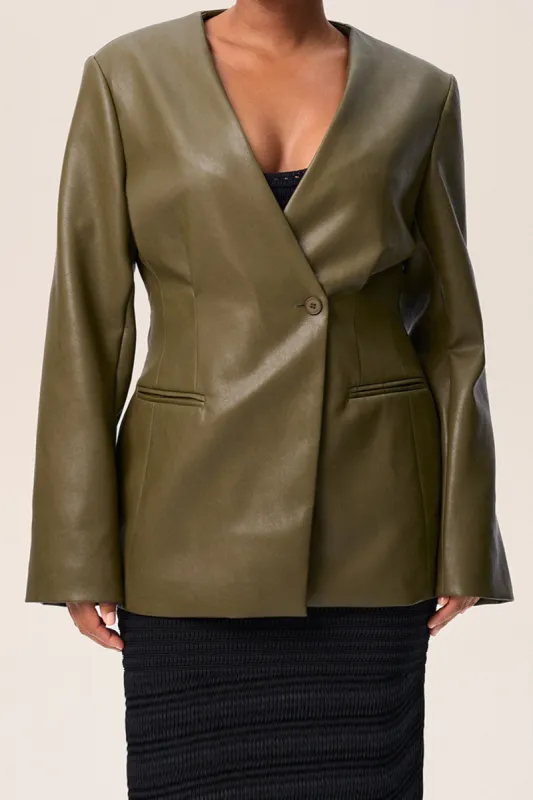 Button Faux Leather Blazer sold by Micas