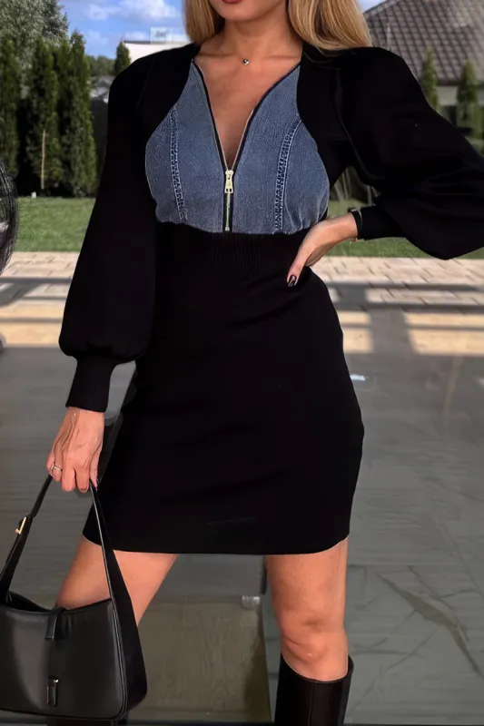 Denim Patchwork Zipper Mini Dress sold by Micas