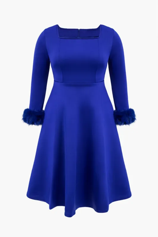 Plus Size Solid Button Feather Trim Square Neck Midi Dress sold by Micas