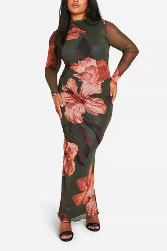 Plus Size Floral Print Round Neck Maxi Dress sold by Micas