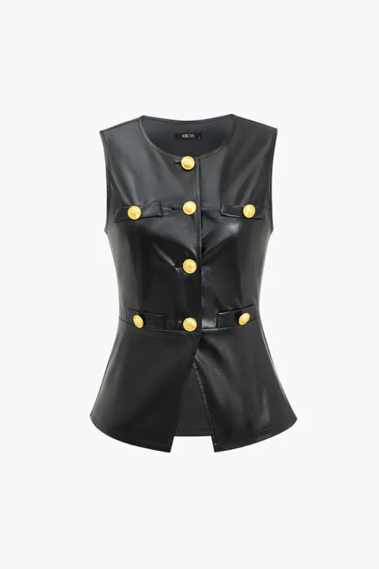 Faux Leather Button Metallic Fake Pockets Tank Top sold by Micas