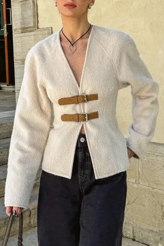 Solid Belted V-neck Jacket sold by Micas