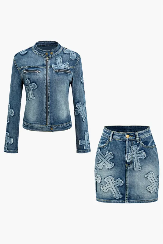 Cross Patch nødlidende denimjakke og mini nederdel sæt sold by Micas