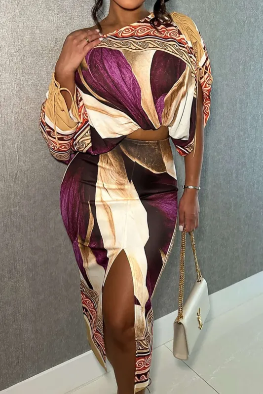 Abstrakt blomsterprint langærmet top og midi nederdel sæt sold by Micas