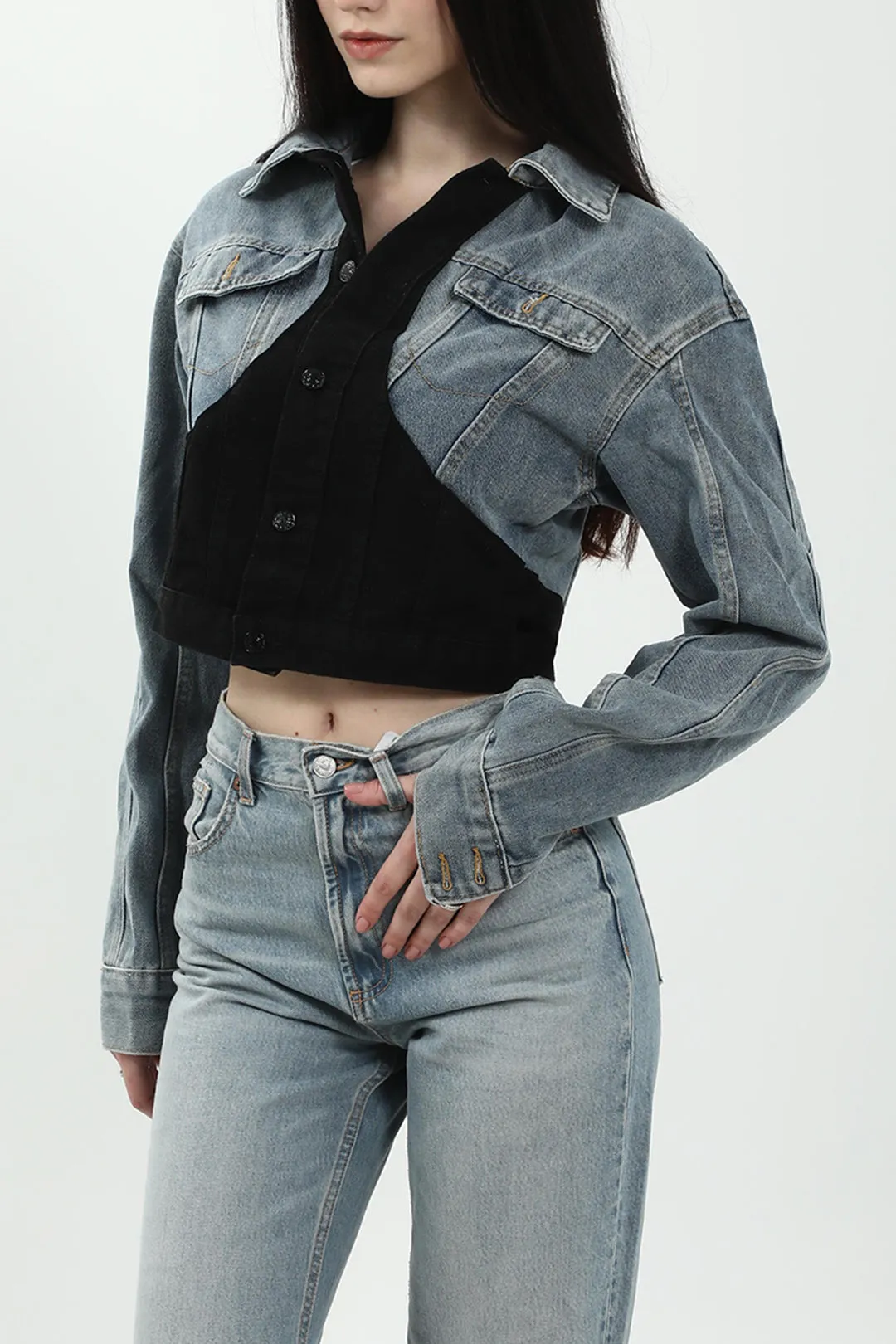 Denim Patchwork Contrast Crop Jacket sold by Micas product image thumbnail 4