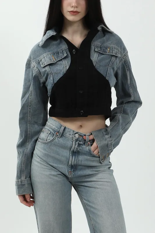 Denim Patchwork Contrast Crop Jacket sold by Micas