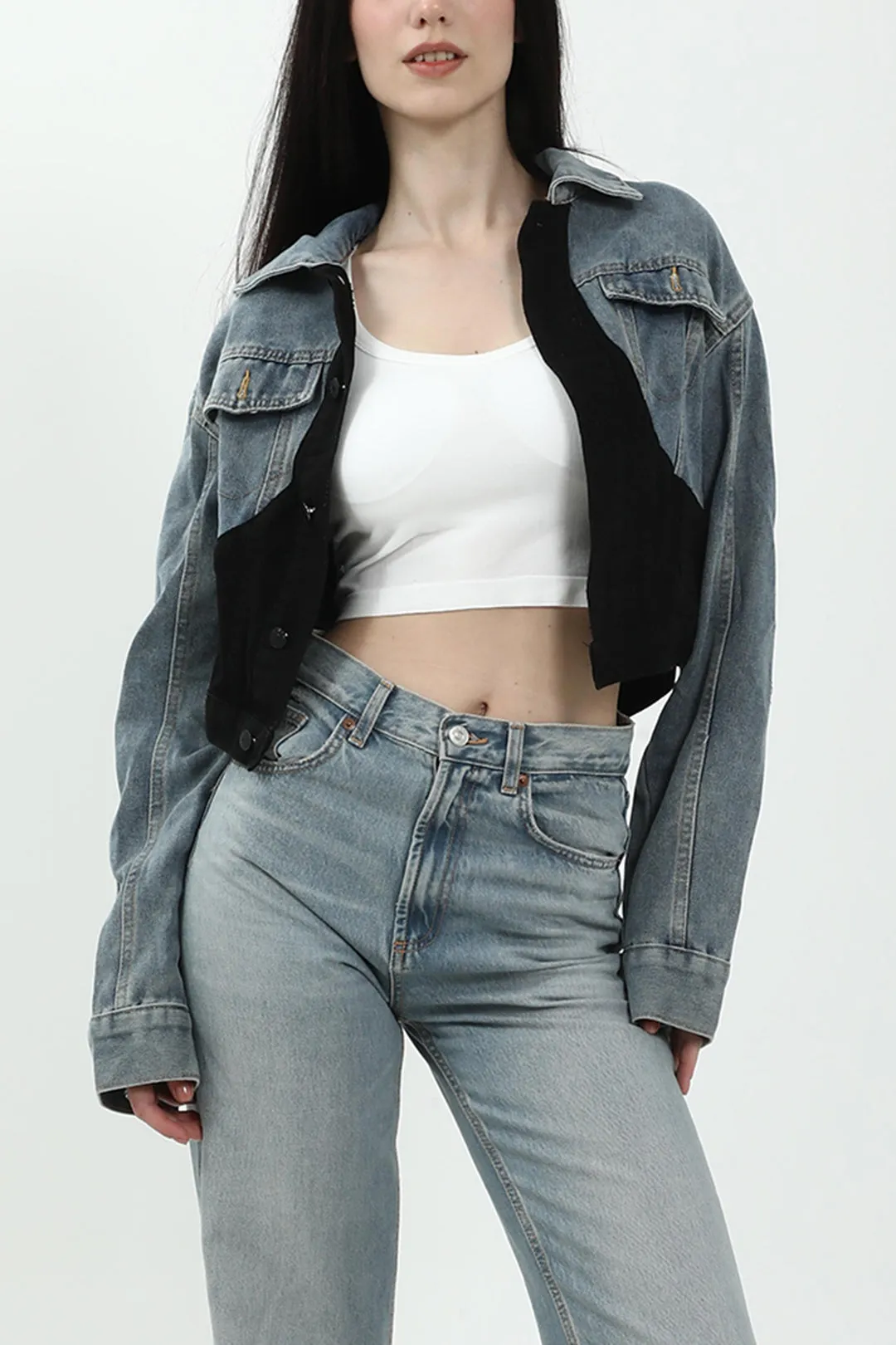 Denim Patchwork Contrast Crop Jacket sold by Micas product image thumbnail 2
