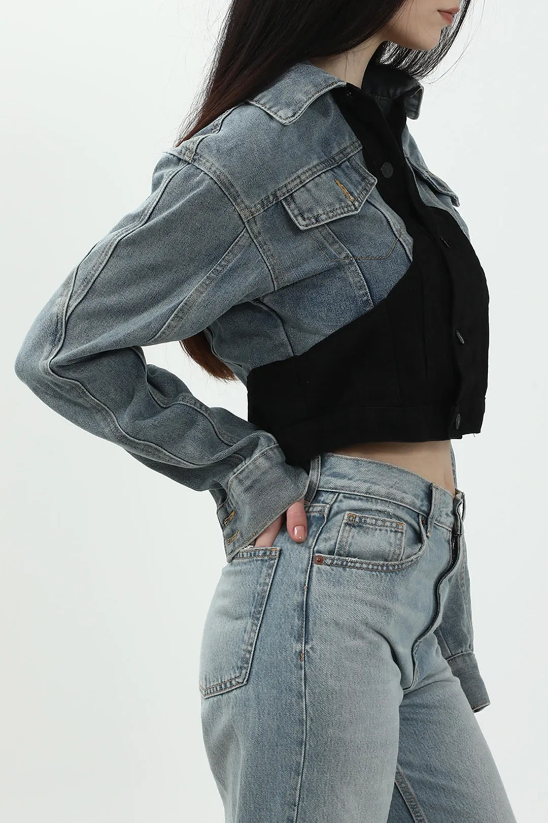 Denim Patchwork Contrast Crop Jacket sold by Micas product image thumbnail 3