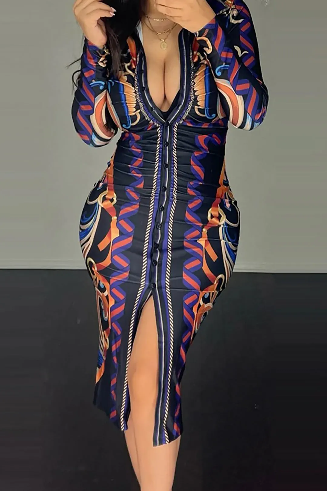 Geometric Chain Print Ruched Button-Front Midi Dress sold by Micas