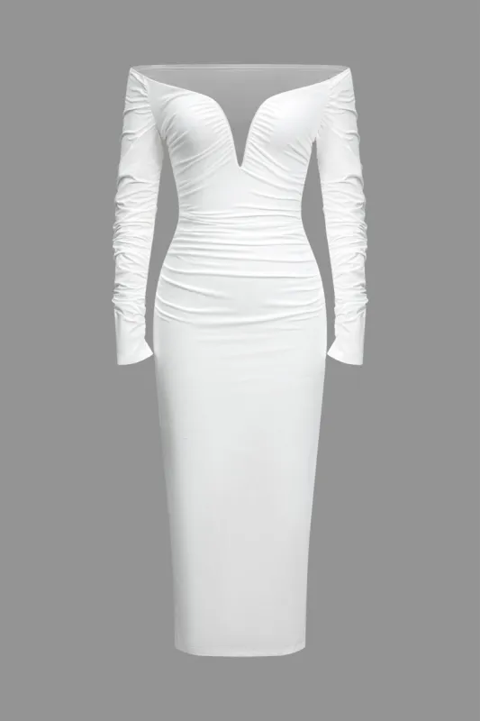 Solid Off Shoulder Ruched V-formet Maxikjole sold by Micas