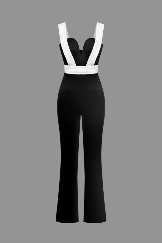 Contrast V-Shaped Zipper Jumpsuit sold by Micas