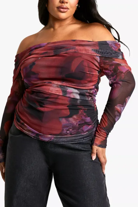 Plus Size Floral Print Off Shoulder Long-Sleeve Top sold by Micas