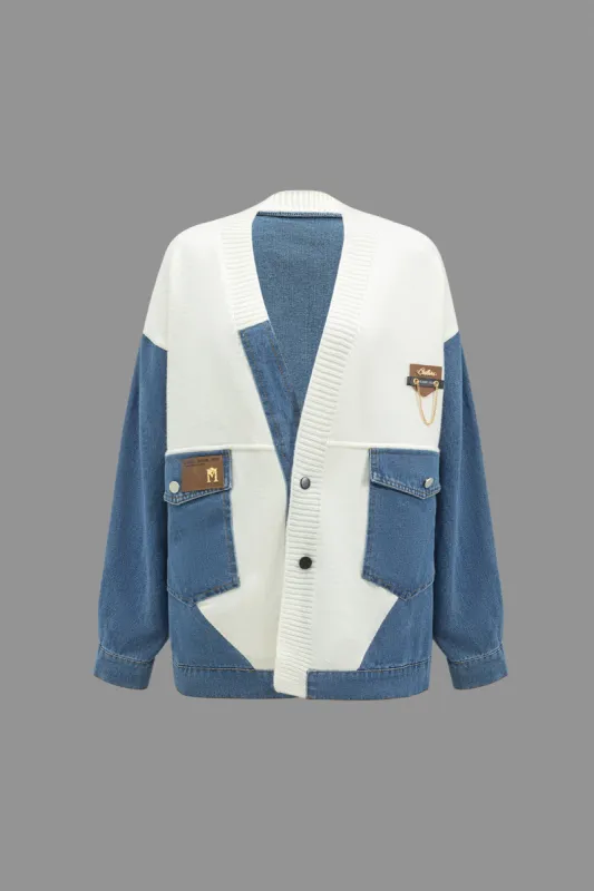 Denim Patchwork Pocket Sweater Cardigan sold by Micas