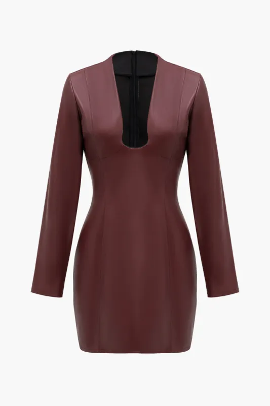 Solid Faux Leather Zipper V-neck Mini Dress sold by Micas