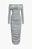 Solid Off Shoulder Ruched Maxi Dress sold by Micas