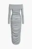 Solid Off Shoulder Ruched Maxi Dress sold by Micas