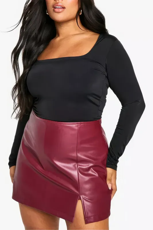 Plus Size Solid Faux Leather Zipper Side Slit Skirt sold by Micas