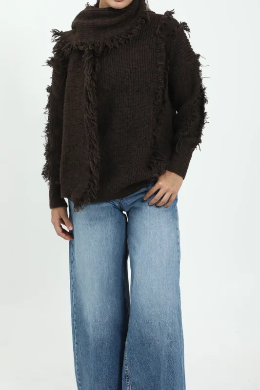 Fringe-Trim Knit Sweater With Scarf sold by Micas