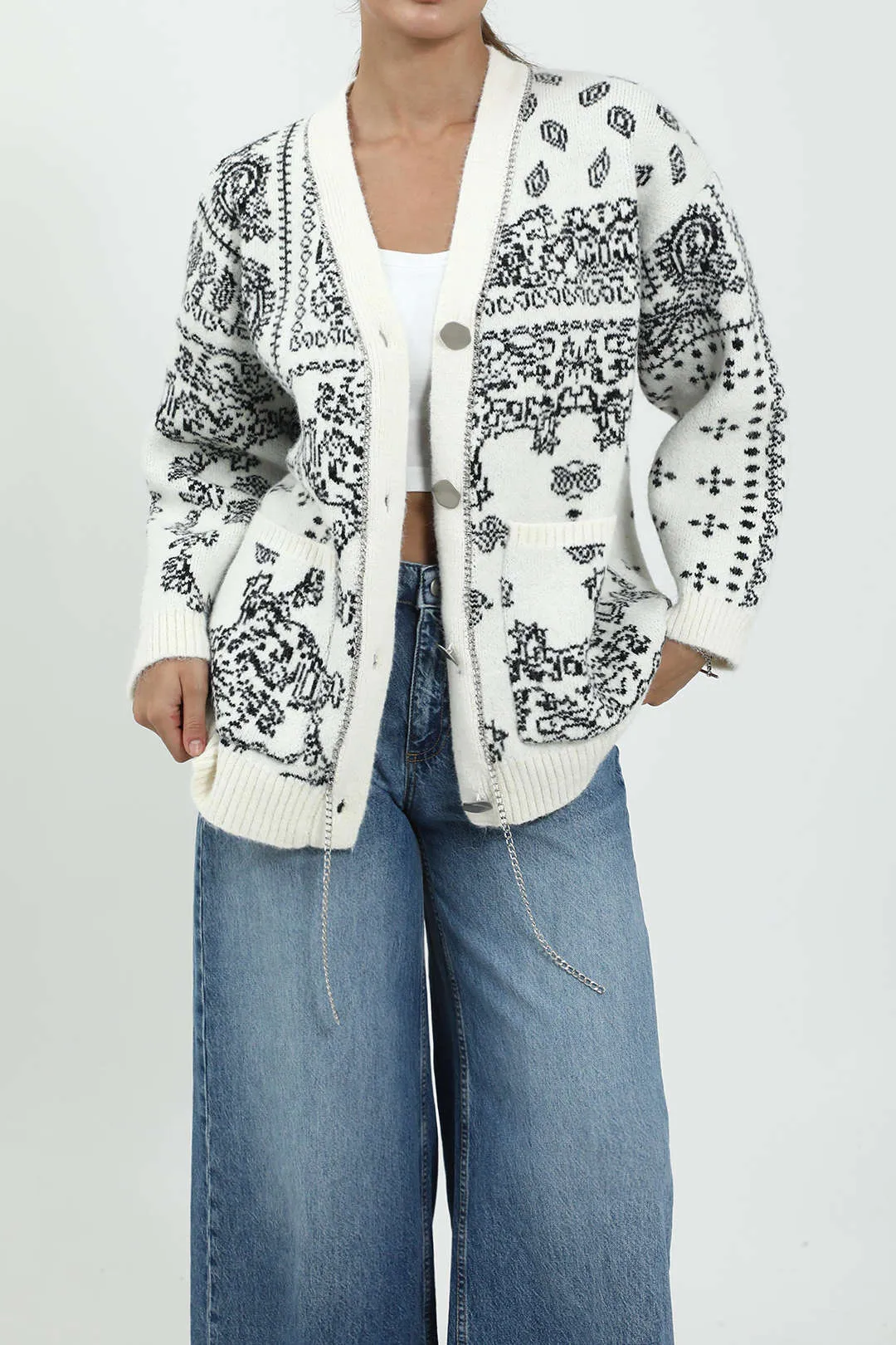 Patterned Knit Button-Up Cardigan sold by Micas