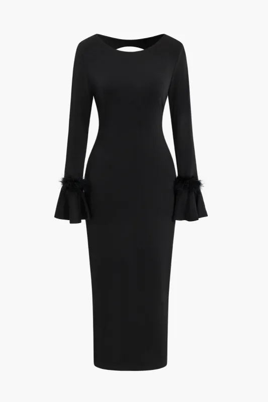 Feather Trim Flare Sleeve Midi Dress sold by Micas