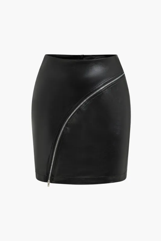 Diagonal Zipper Faux Leather Mini Skirt sold by Micas