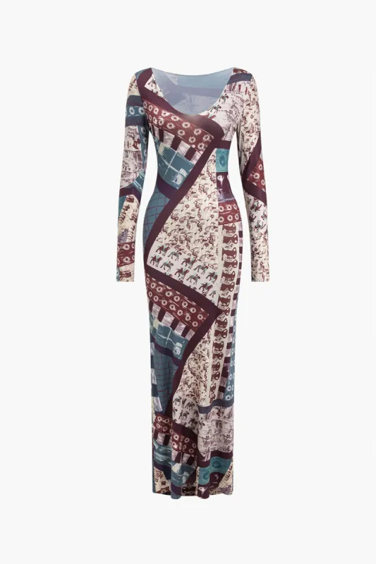 Abstract Patchwork Printed Long Sleeve Maxi Dress sold by Micas