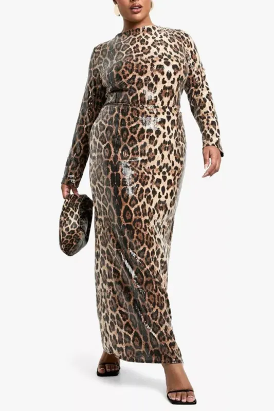 Plus Size Sequin Leopard Print Backless Long Sleeve Maxi Dress made by Micas