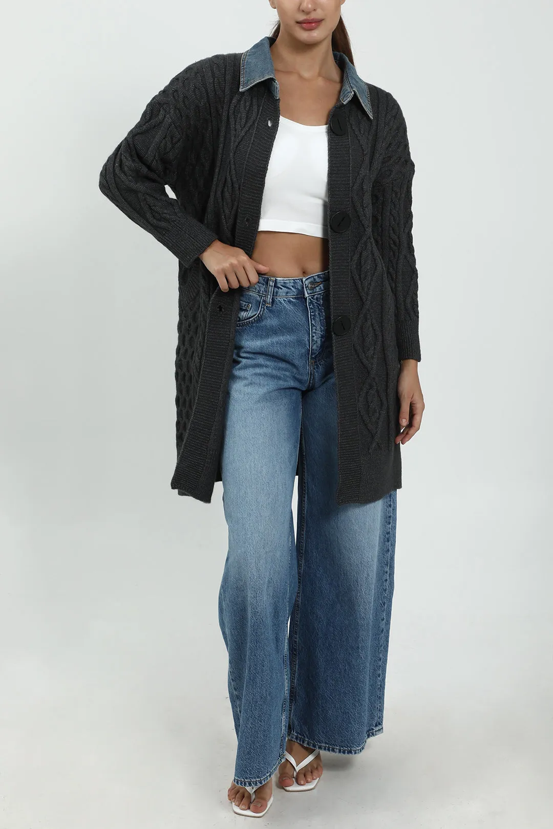 Patchwork Denim Collar Knit Button-Up Cardigan sold by Micas