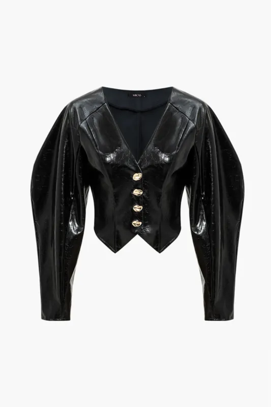 Solid knap imiteret læderjakke sold by Micas