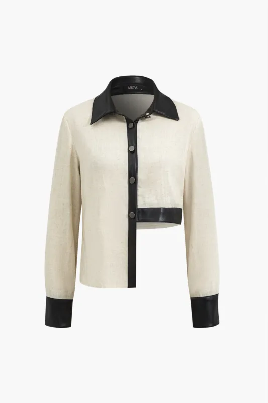 Faux Leather Patchwork Button Asymmetrical Long-Sleeve Shirt sold by Micas