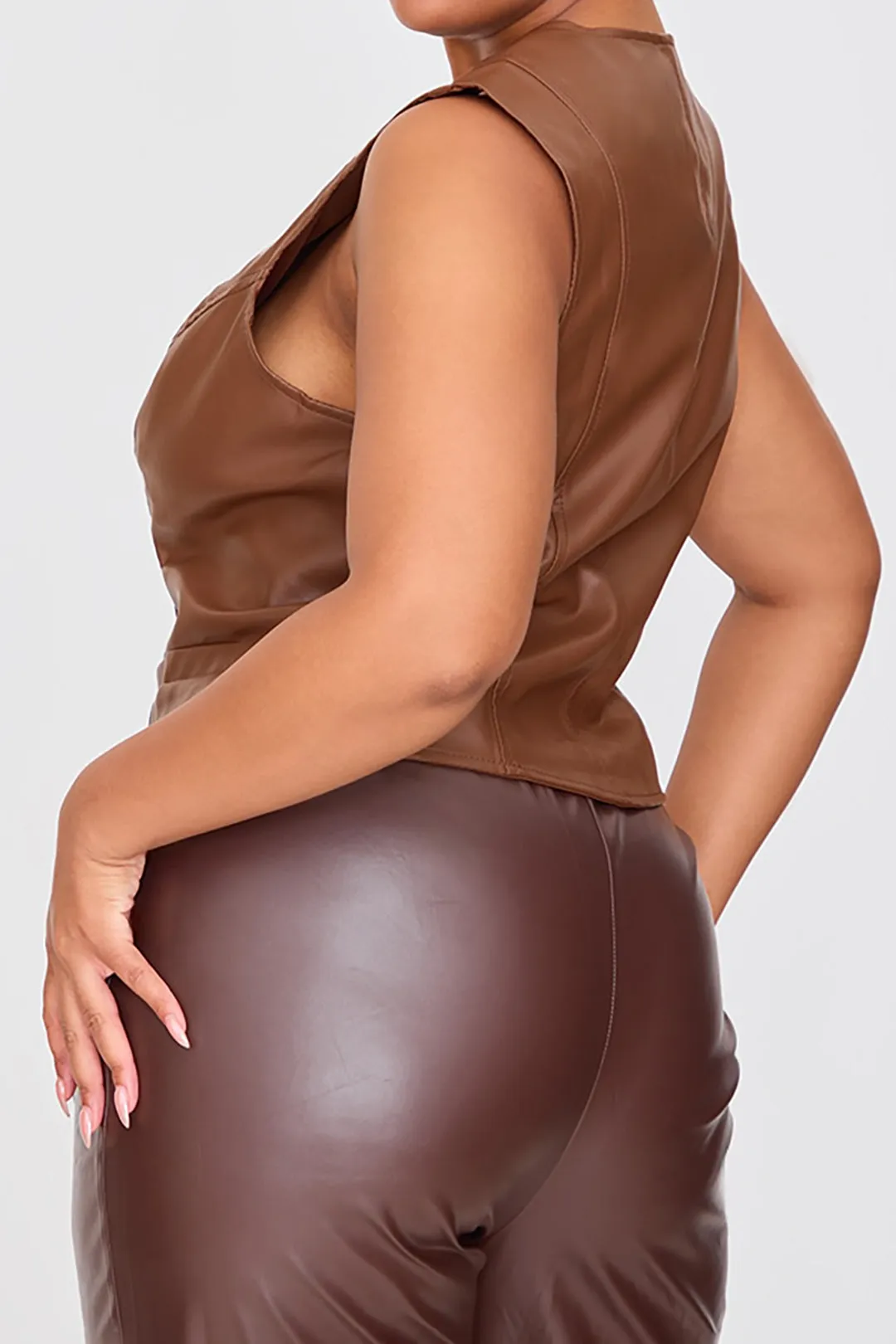 Plus Size Faux Leather Solid Button Vest sold by Micas product image thumbnail 3