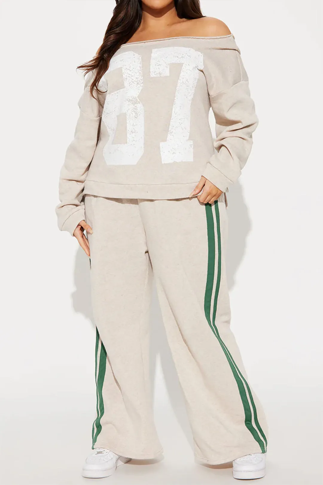 Plus størrelse solid stretchy off skulder buksesæt sold by Micas