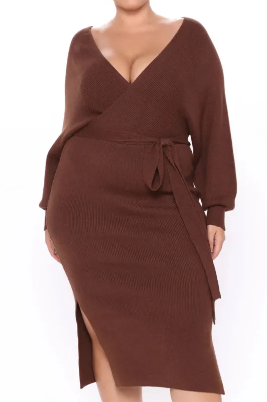 Plus Size Solid Knit Slit V-neck Dress made by Micas