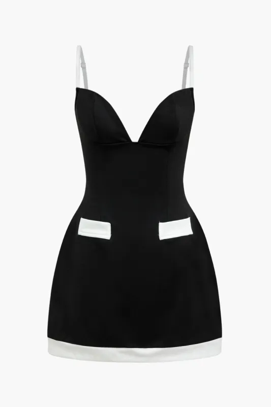 Contrast Patchwork Slip Fake Pocket Mini Dress sold by Micas