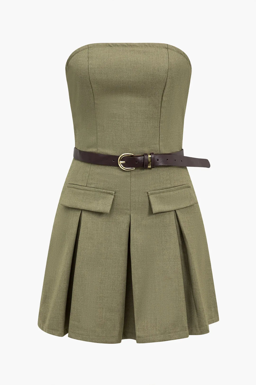 Solid Ruched Strapless Belted Mini Dress sold by Micas