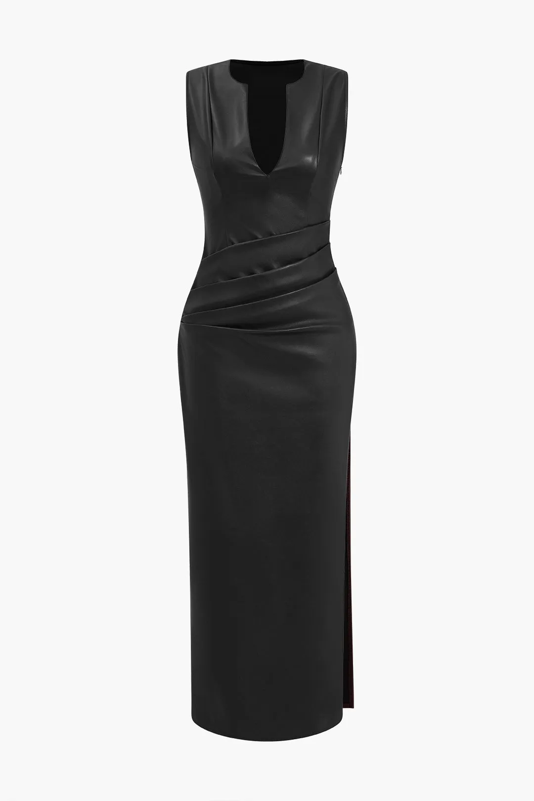 Ruched Maxi-kjole i imiteret læder med V-hals sold by Micas product image thumbnail 4