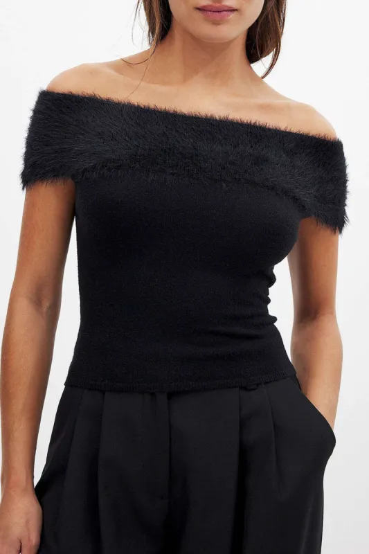 Faux Fur Trim Off-Shoulder T-shirt sold by Micas