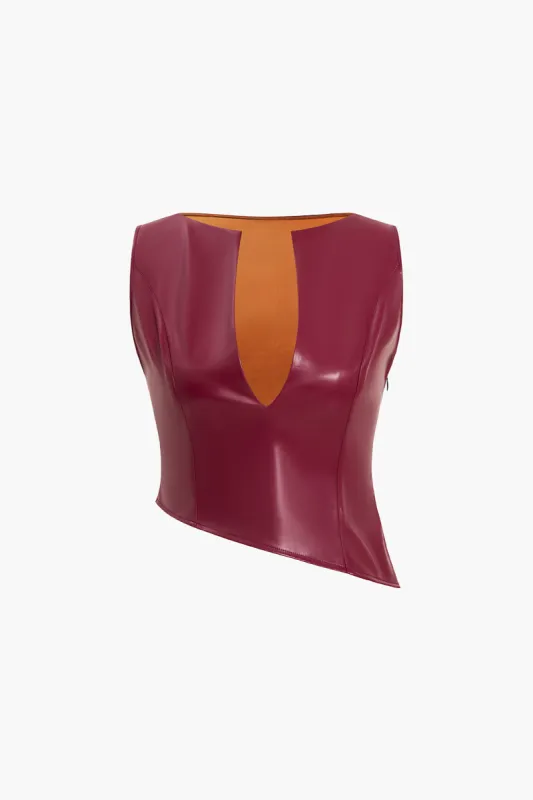 Solid imiteret læder tanktop med asymmetrisk lynlås sold by Micas