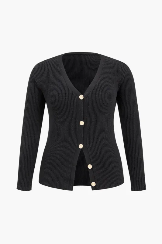 Plus Size solid strik V-hals knap langærmet top sold by Micas