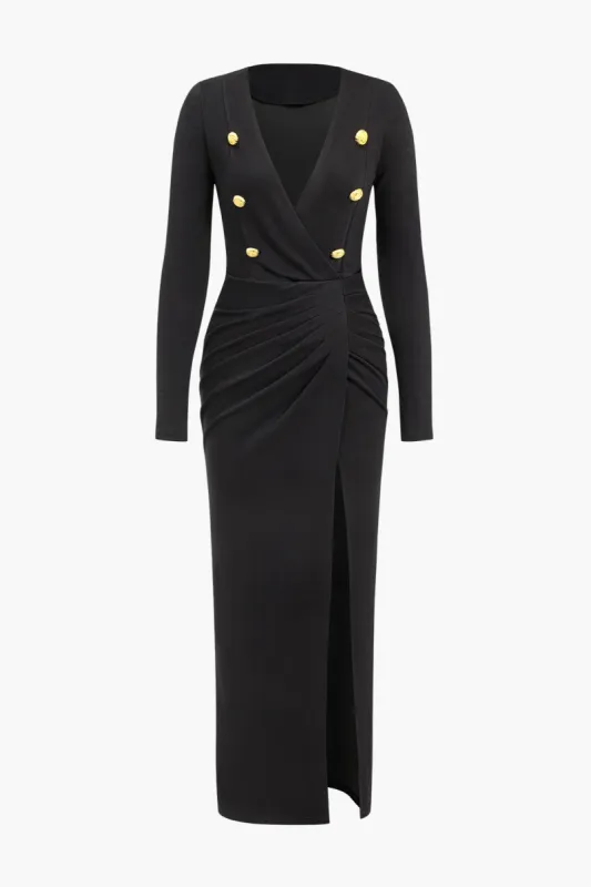 Solid Ruched V-Neck Slit Maxi Dress sold by Micas