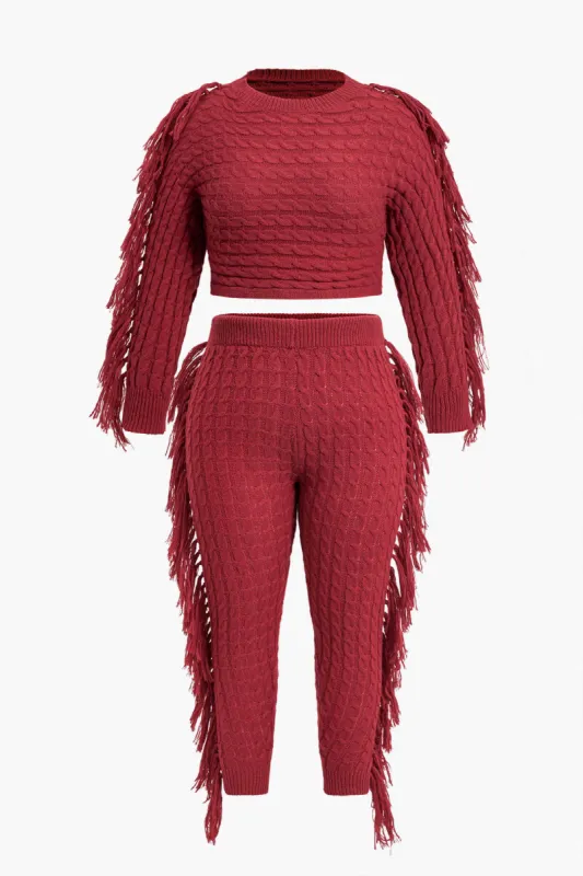 Plus Size Solid Knit Fringe Pants Set sold by Micas