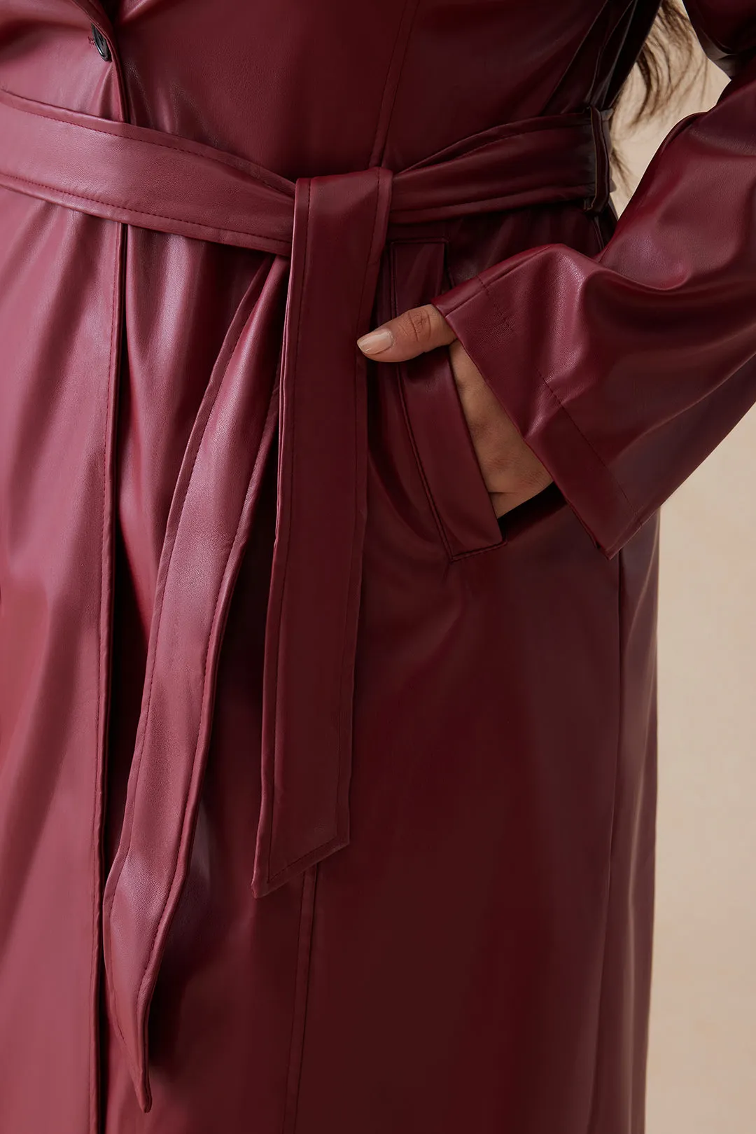 Plus Size Faux Leather Button Tie-Up Long Coat sold by Micas product image thumbnail 4