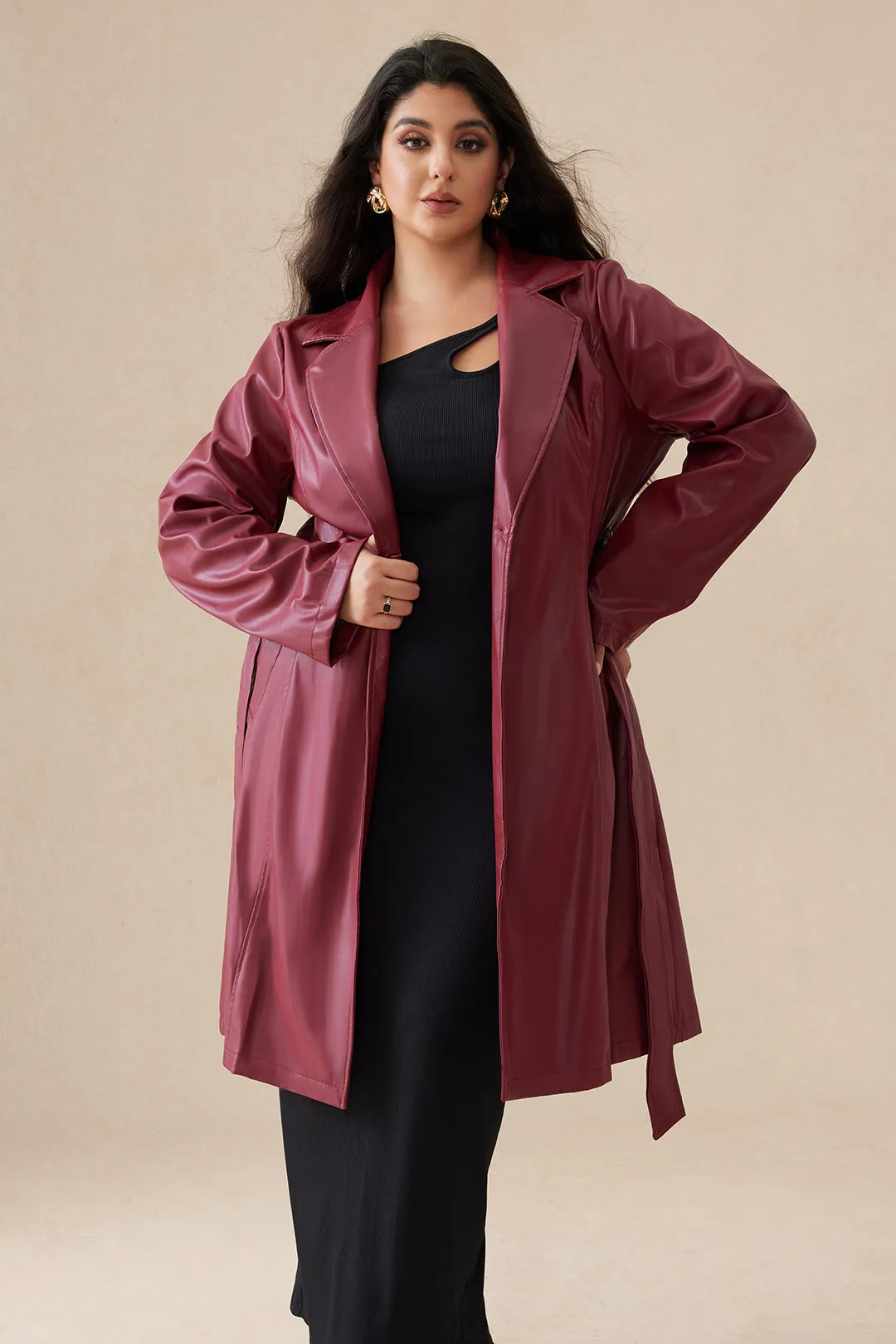 Plus Size Faux Leather Button Tie-Up Long Coat sold by Micas