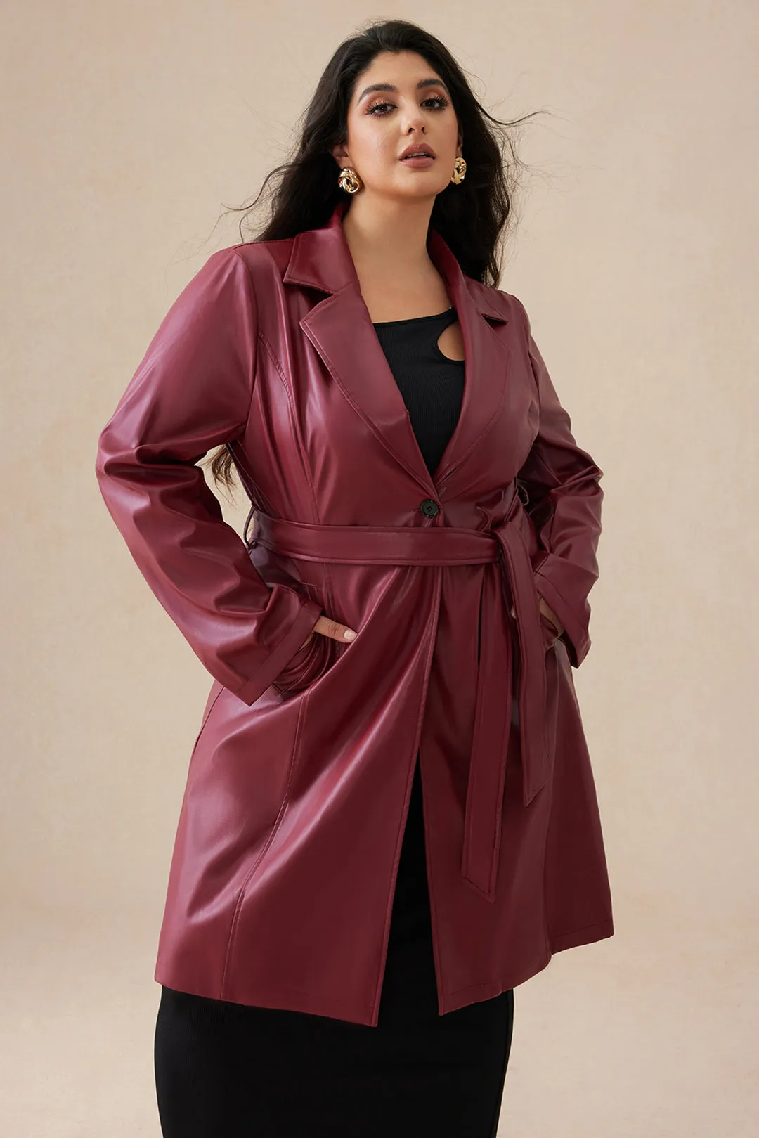 Plus Size Faux Leather Button Tie-Up Long Coat sold by Micas product image thumbnail 2