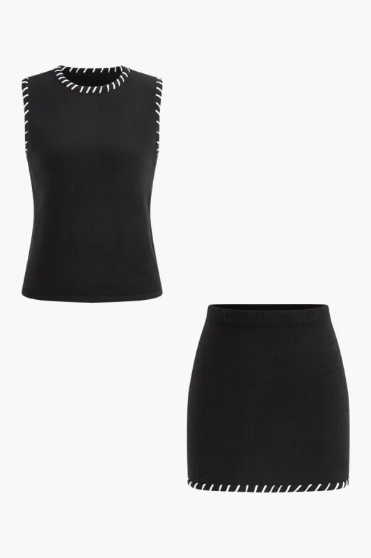 Knit Contrast Whipstitching Skirt Set sold by Micas