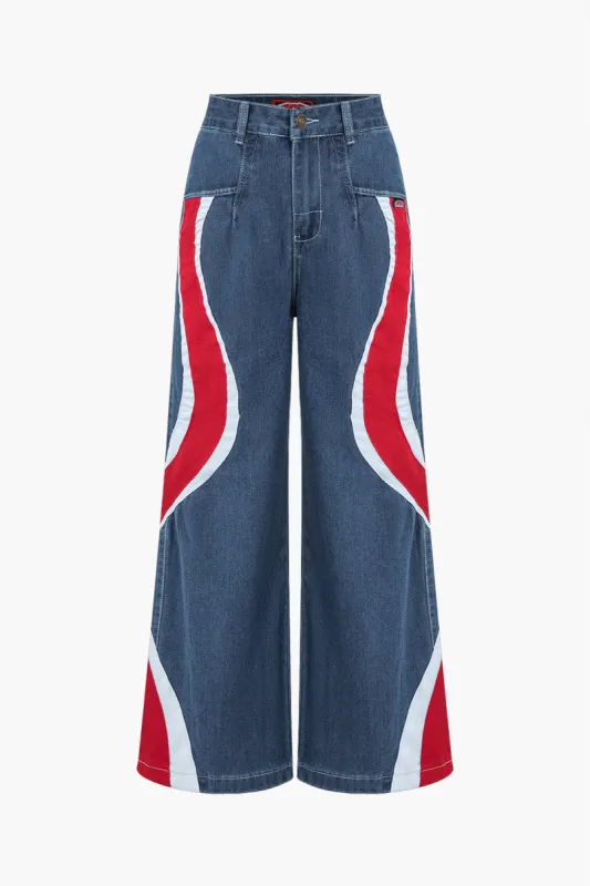 Kontrast bølgemønster jeans med brede ben sold by Micas