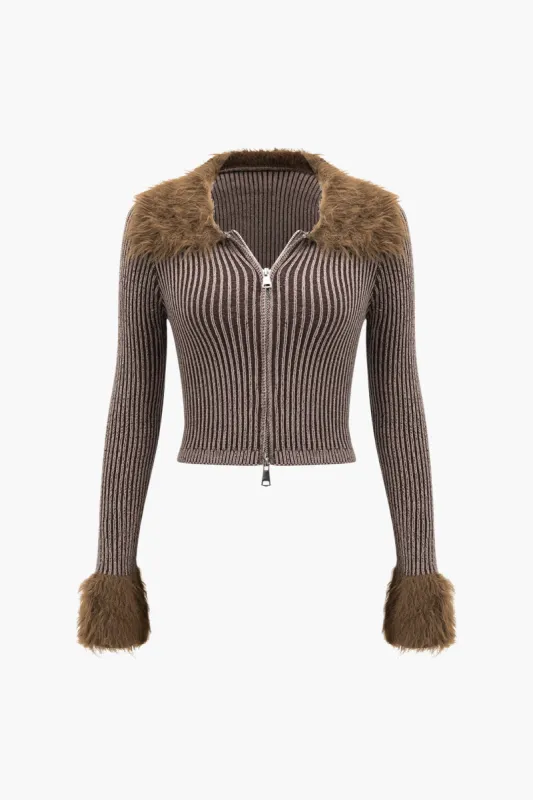 Strik faux pels patchwork langærmet cardigan sold by Micas